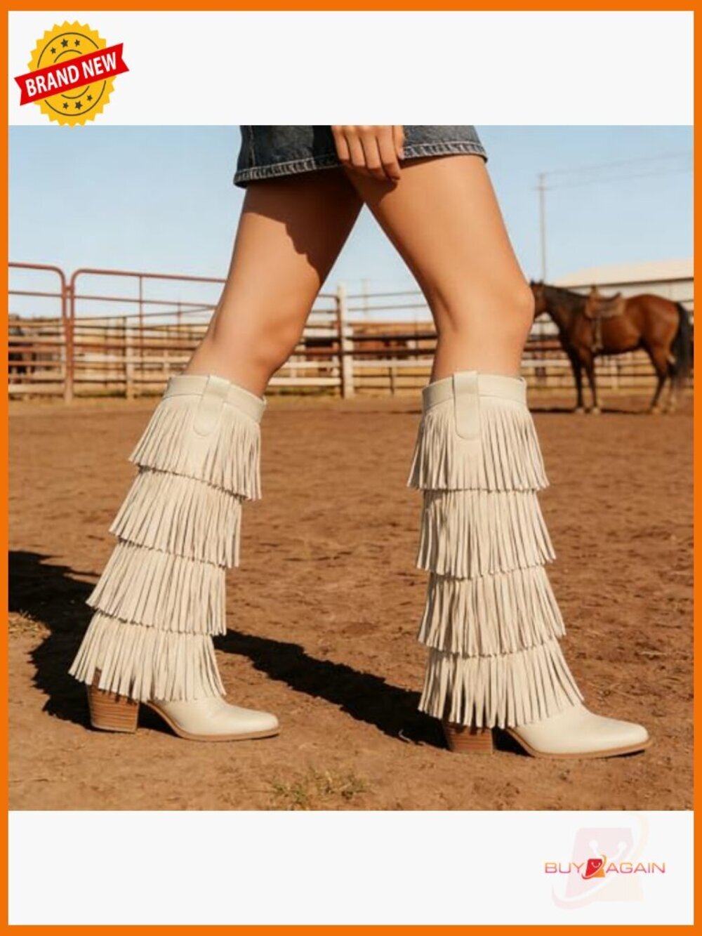 Fringe Knee High Cowboy Boots Chunky Heel Western Pointed Toe Slip on Wide Calf - Picture 4 of 7